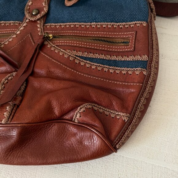 Isabella Fiore Boho Leather Canvas Satchel Brown Blue Whipstitch Crossbody - Picture 5 of 15